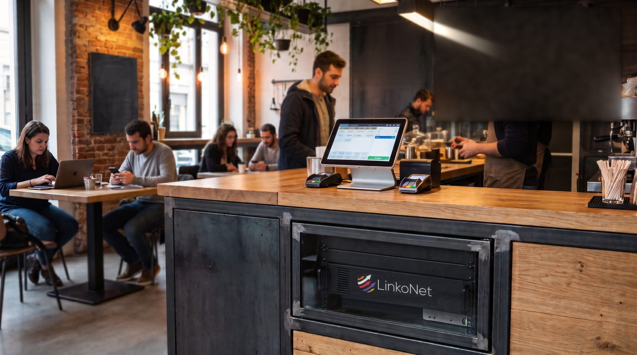 Ricostruzione grafica del bancone di un locale: monitor di cassa e terminale di pagamento sul piano, il kit LinkoNet nel vano sotto